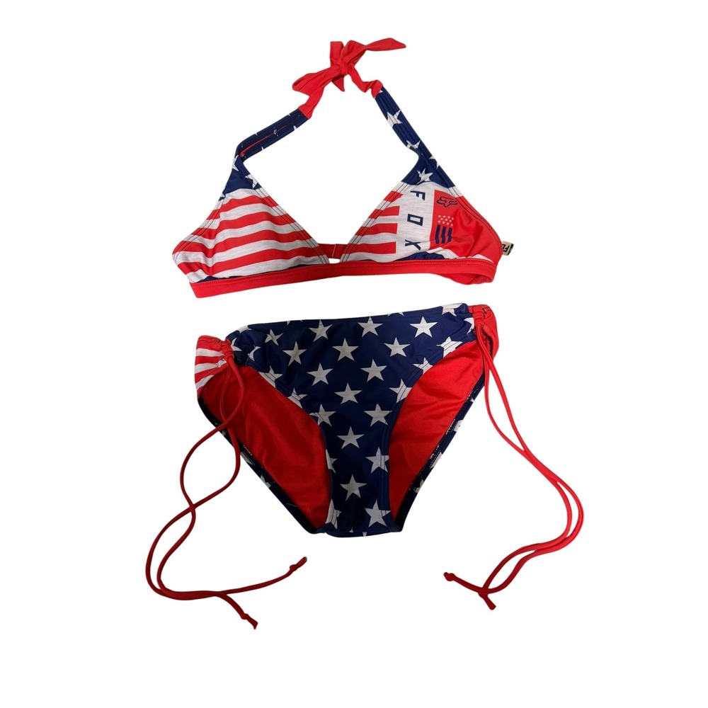 Vintage Fox Racing Womens American Flag Bikini Set Stars Stripes Halter Side Tie